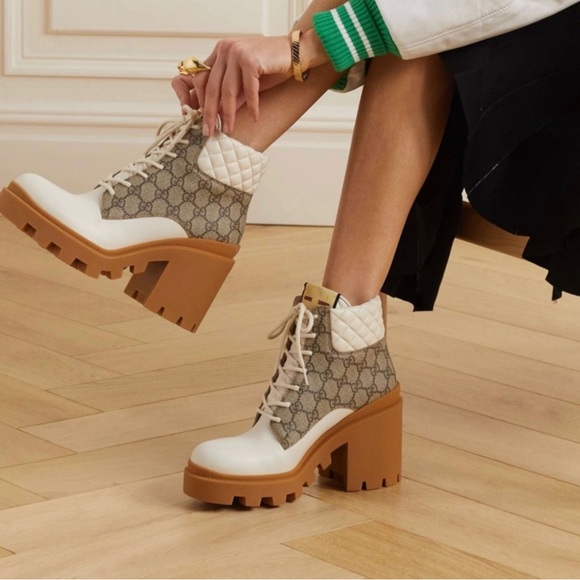 Gucci GG supreme canvas leather apollo block heel lug sole lace up ankle boots - Picture 6 of 11